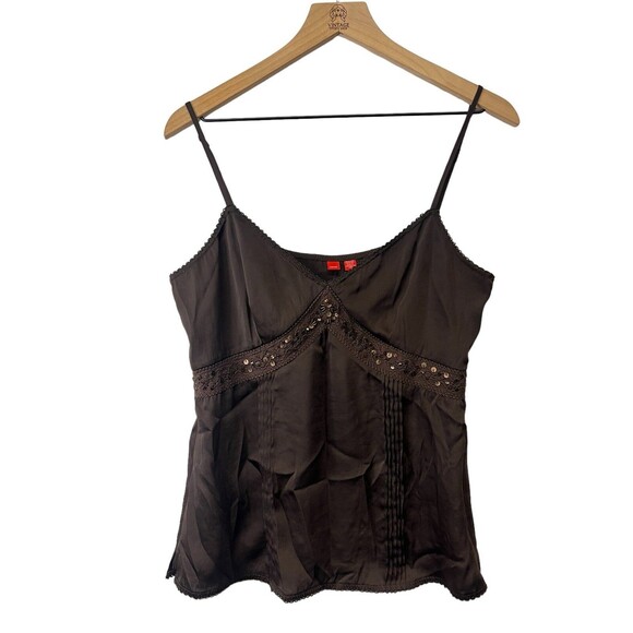 Y2K 2000s Esprit Brown Satin Beaded Sequin Boho Fairy Grunge Cami Tank Top Large - Picture 1 of 14
